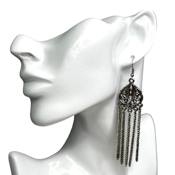 Fringe Tassel Dangle Earrings Pewter Silver Tone Art Deco Vintage Look - Picture 1 of 4